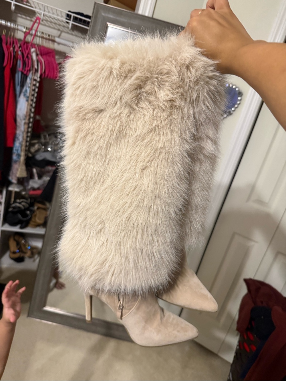 Fashion Nova Cream Faux Fur Knee-High Stiletto Boots